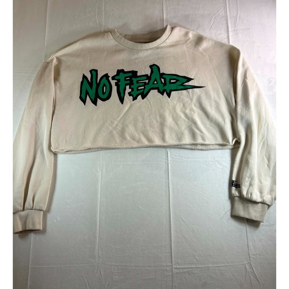 No Fear x HM Sweatshirt Womens Extra Large XL Cream Cropped Raw Hem Graphic Y2K